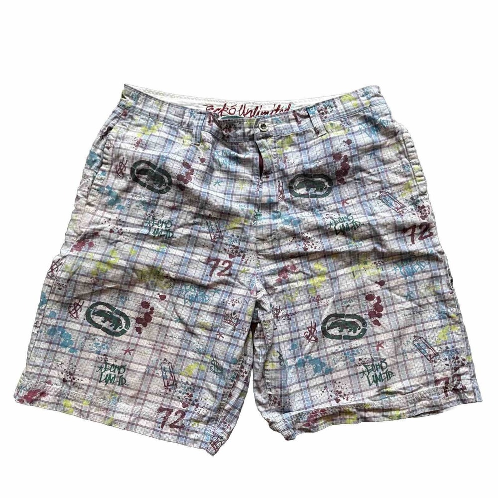 Ecko Unltd Unlimited‎ Mens Size 42 Y2K Plaid Shorts Button Back Pockets